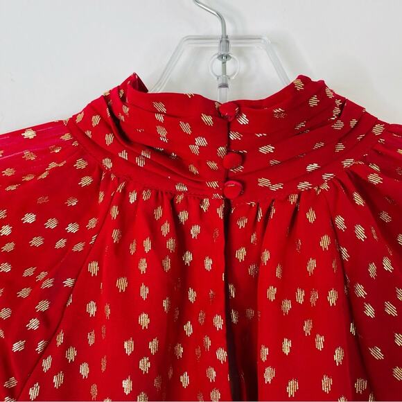 Vince Camuto red gold dot ruffle high neck holiday Christmas top small - Picture 6 of 9